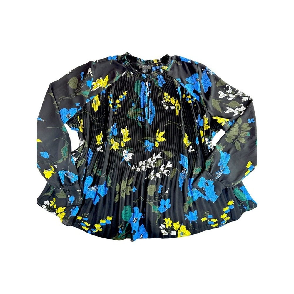 Halogen‎ Pleated Floral Blouse Women XL Black Blue Yellow Long Sleeve Keyhole